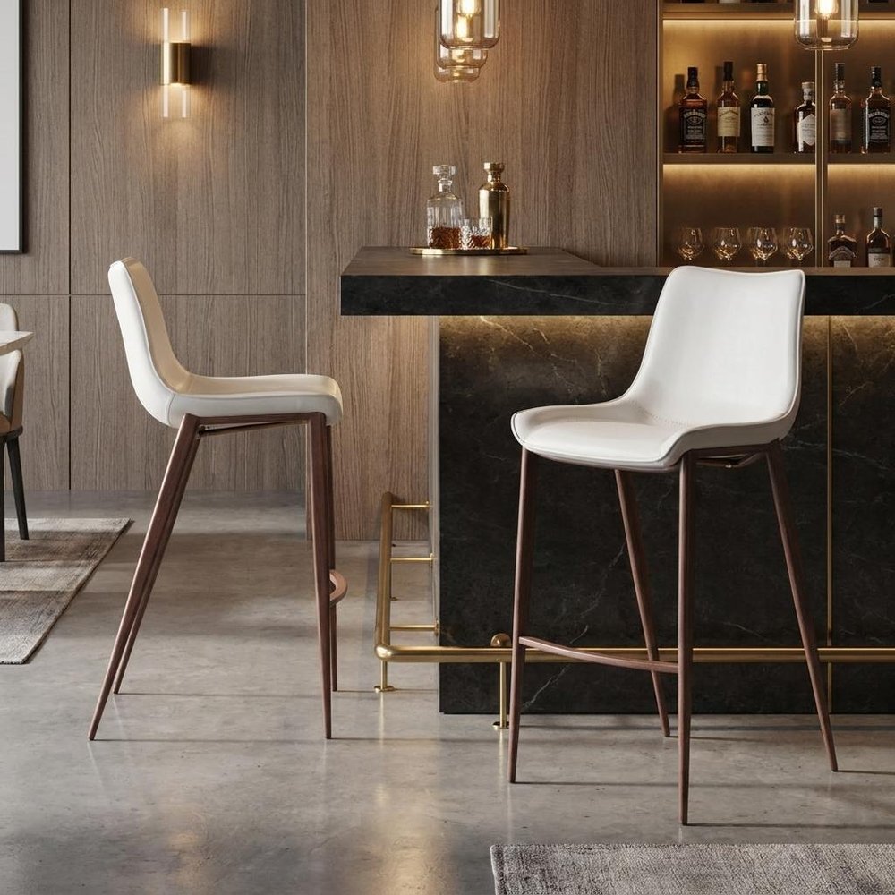 Set of Two 30" White And Brown Faux Leather And Steel Low Back Bar Height Bar Chairs HomeRoots