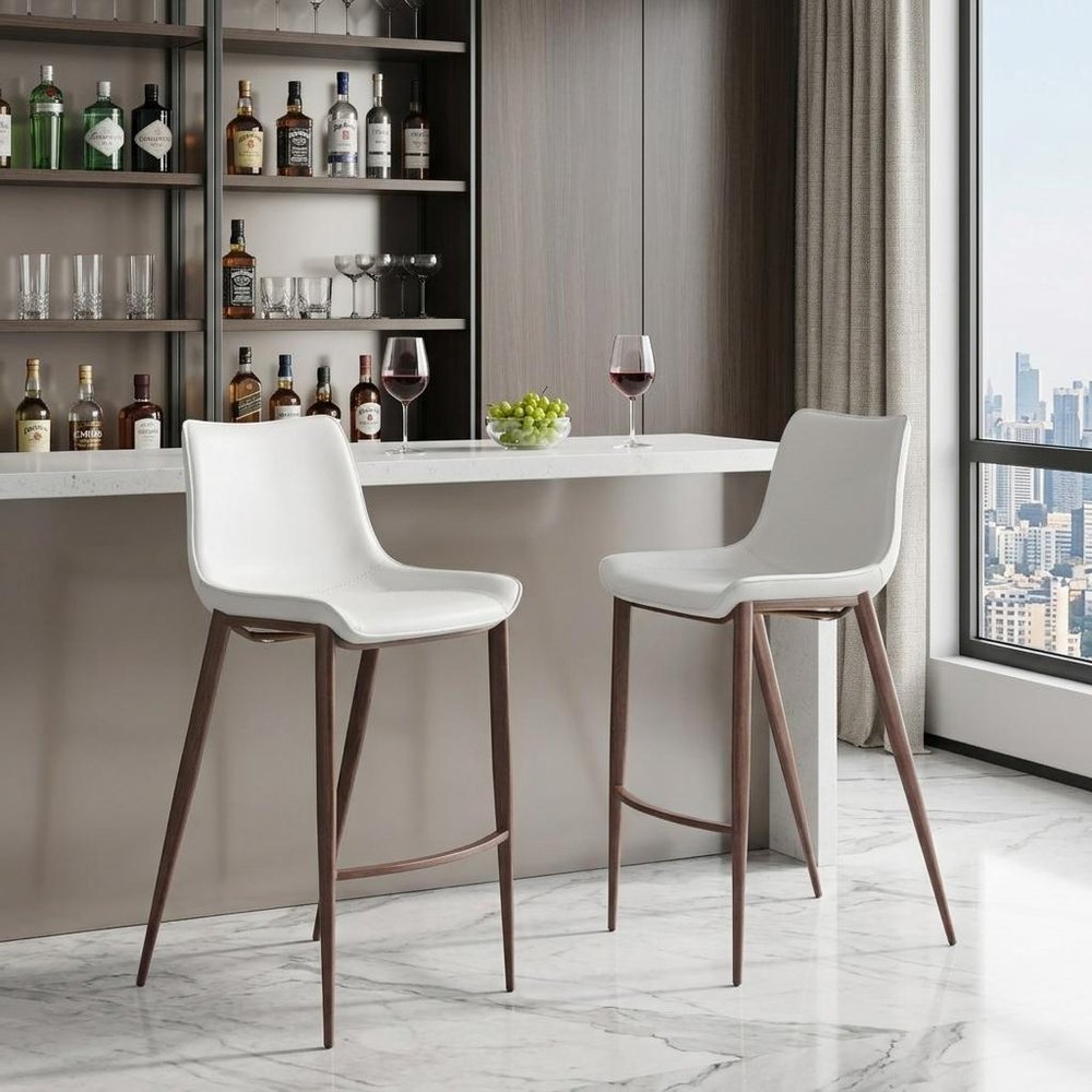 Set of Two 30" White And Brown Faux Leather And Steel Low Back Bar Height Bar Chairs HomeRoots
