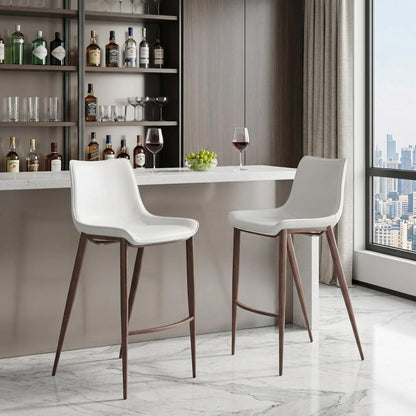 Set of Two 30" White And Brown Faux Leather And Steel Low Back Bar Height Bar Chairs HomeRoots