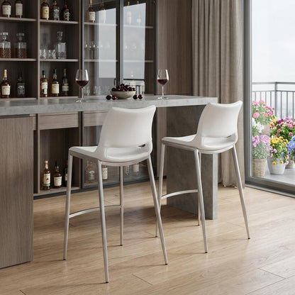 Set of Two 29" White And Silver Faux Leather And Steel Low Back Bar Height Bar Chairs HomeRoots
