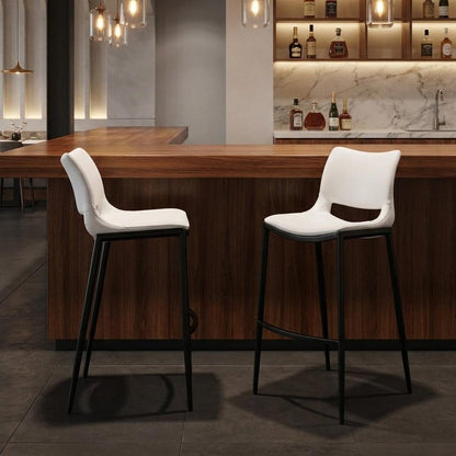 Set of Two 29" White And Silver Faux Leather And Steel Low Back Bar Height Bar Chairs