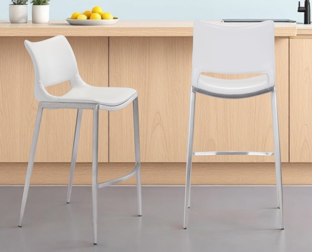 Set of Two 29" White And Silver Steel Low Back Bar Height Bar Chairs HomeRoots