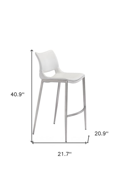Set of Two 29" White And Silver Faux Leather And Steel Low Back Bar Height Bar Chairs
