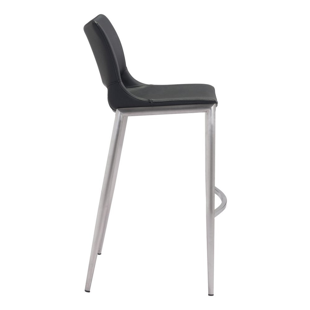 Set of Two 29" Black And Silver Faux Leather And Steel Low Back Bar Height Bar Chairs HomeRoots
