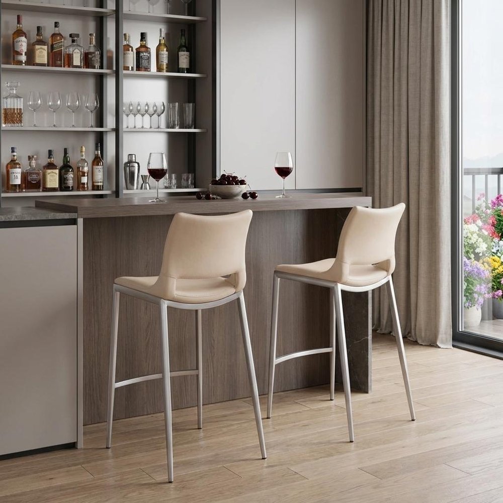 Set of Two 29" Light Pink And Silver Faux Leather And Steel Low Back Bar Height Bar Chairs HomeRoots