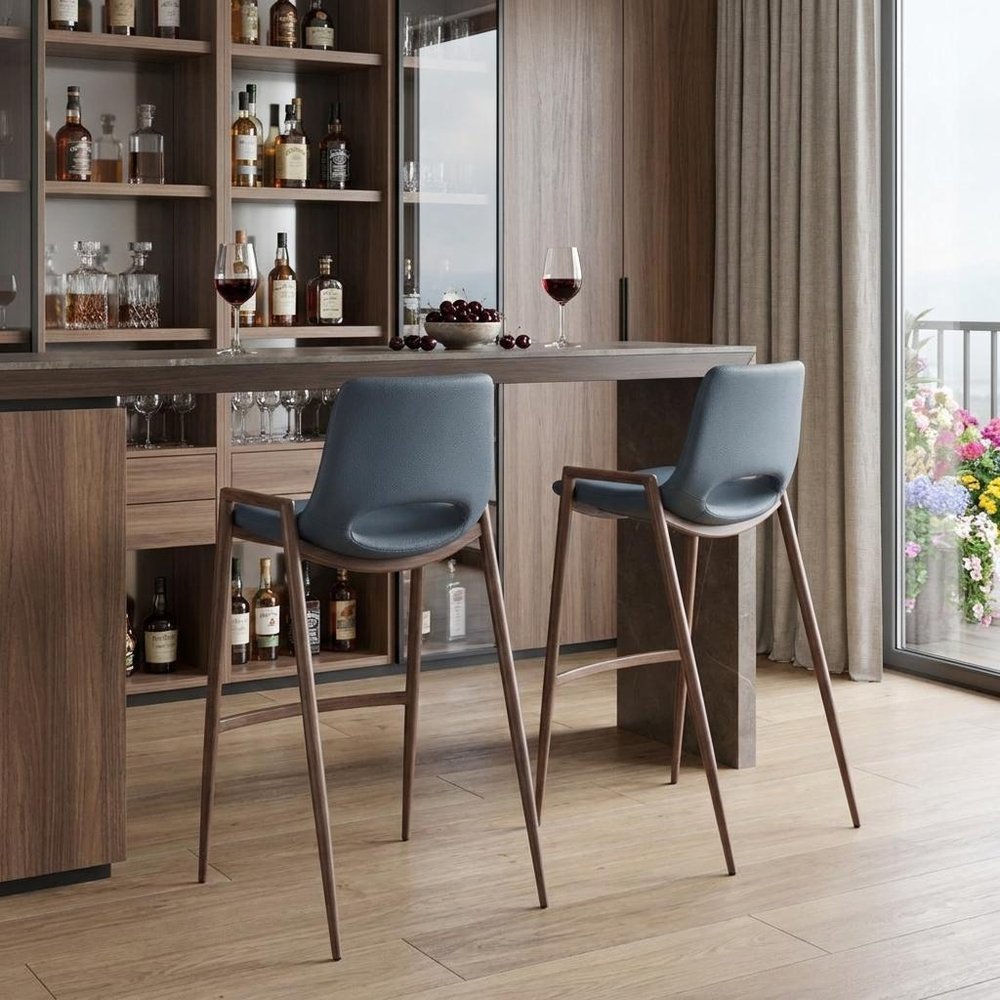 Set of Two 29" Gray And Brown Faux Leather And Steel Low Back Bar Height Bar Chairs HomeRoots