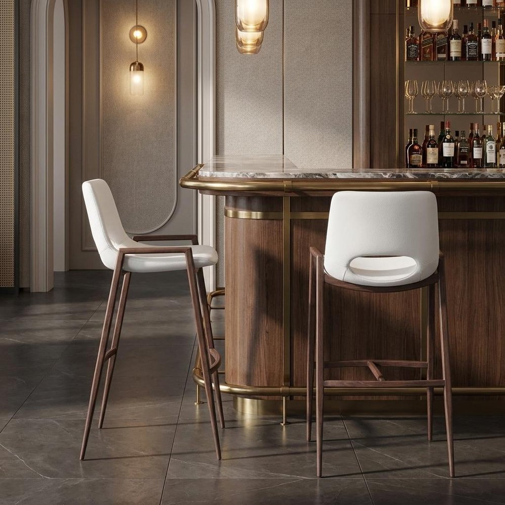 Set of Two 29" Beige And Brown Faux Leather And Steel Low Back Bar Height Bar Chairs — view 11