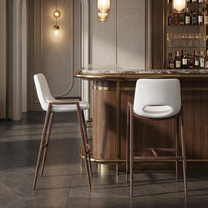 Set of Two 29" Beige And Brown Faux Leather And Steel Low Back Bar Height Bar Chairs HomeRoots