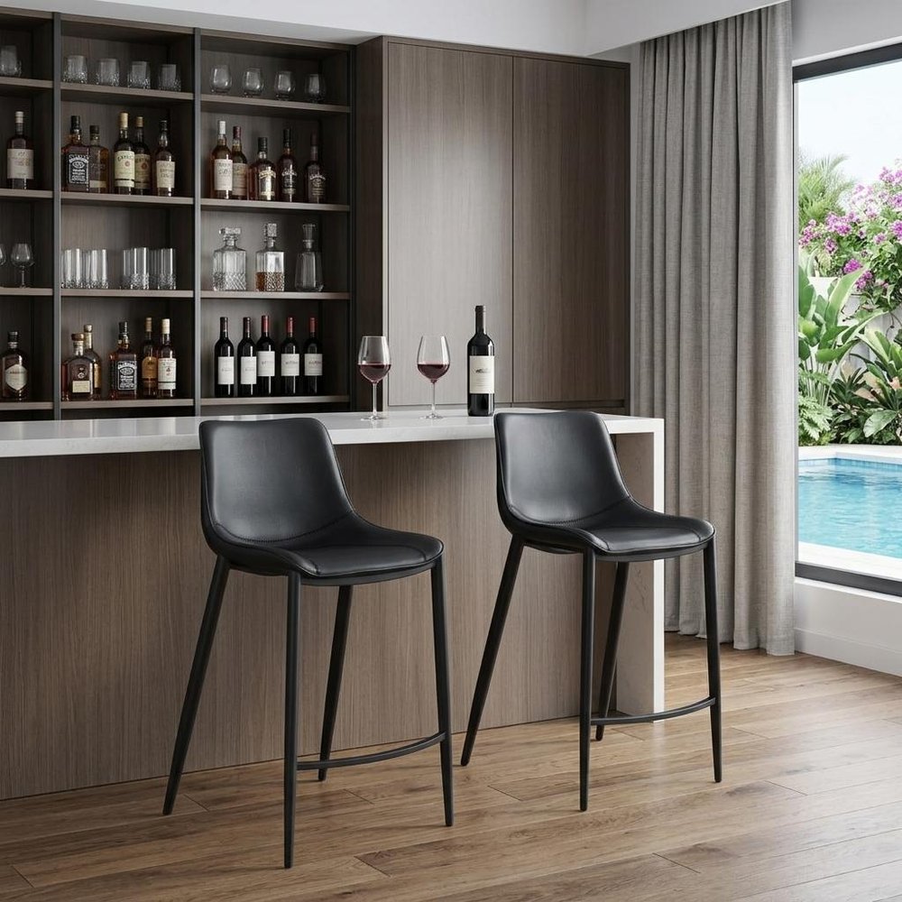 Set of Two 30" Black Faux Leather And Steel Low Back Bar Height Bar Chairs HomeRoots