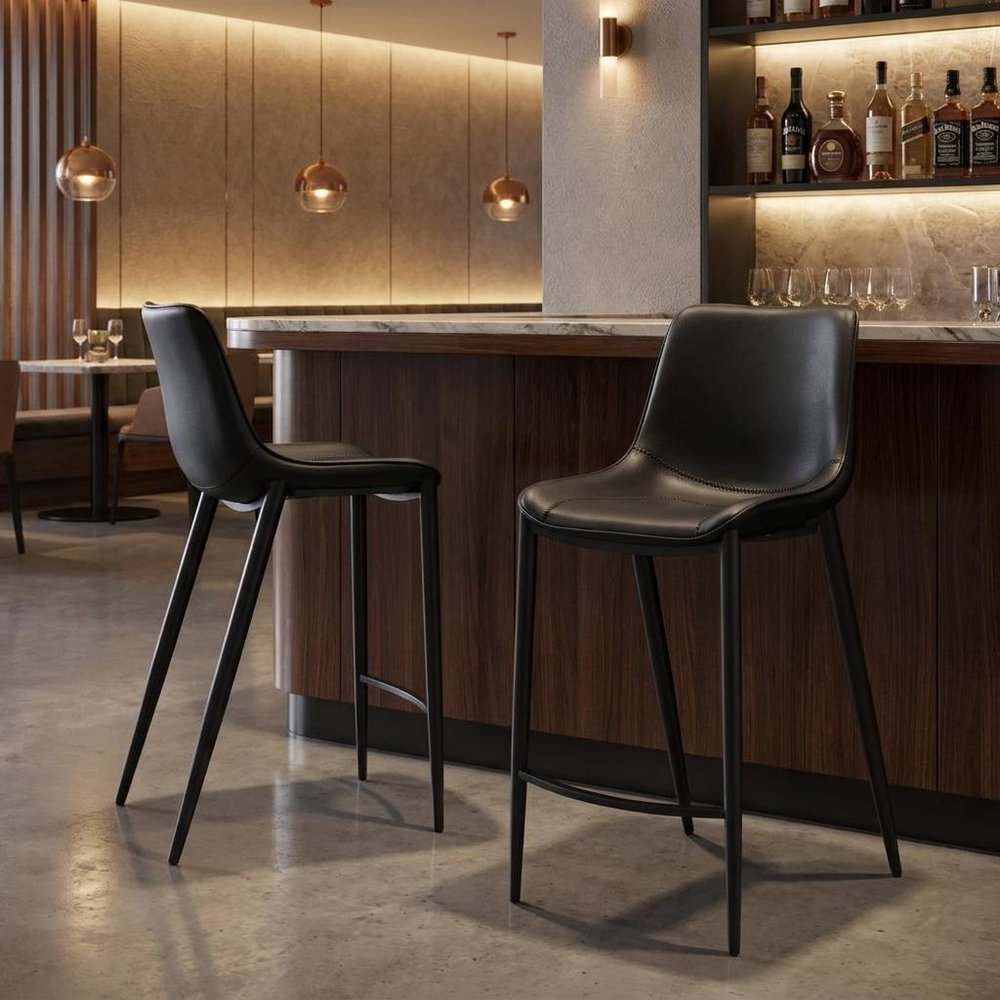 Set of Two 30" Black Faux Leather And Steel Low Back Bar Height Bar Chairs HomeRoots