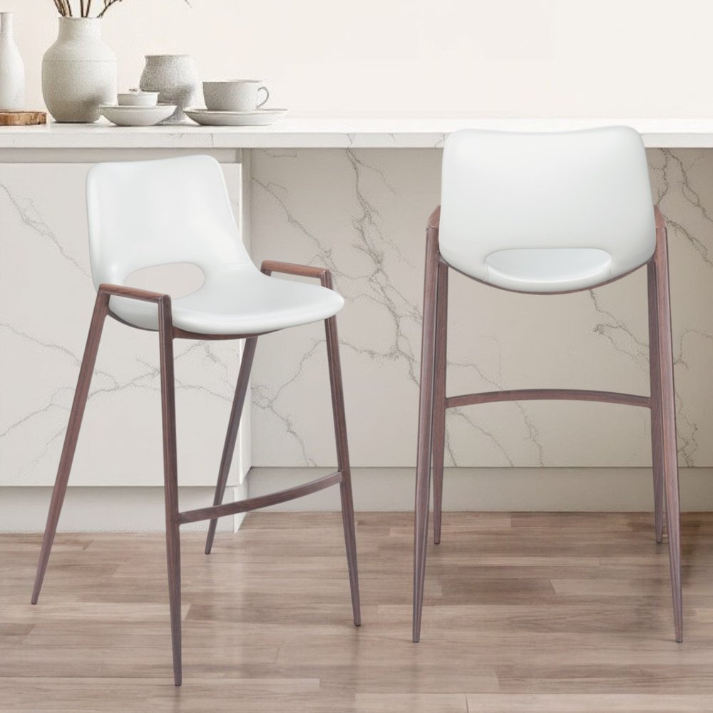 Set of Two 29" White And Brown Steel Low Back Bar Height Bar Chairs HomeRoots