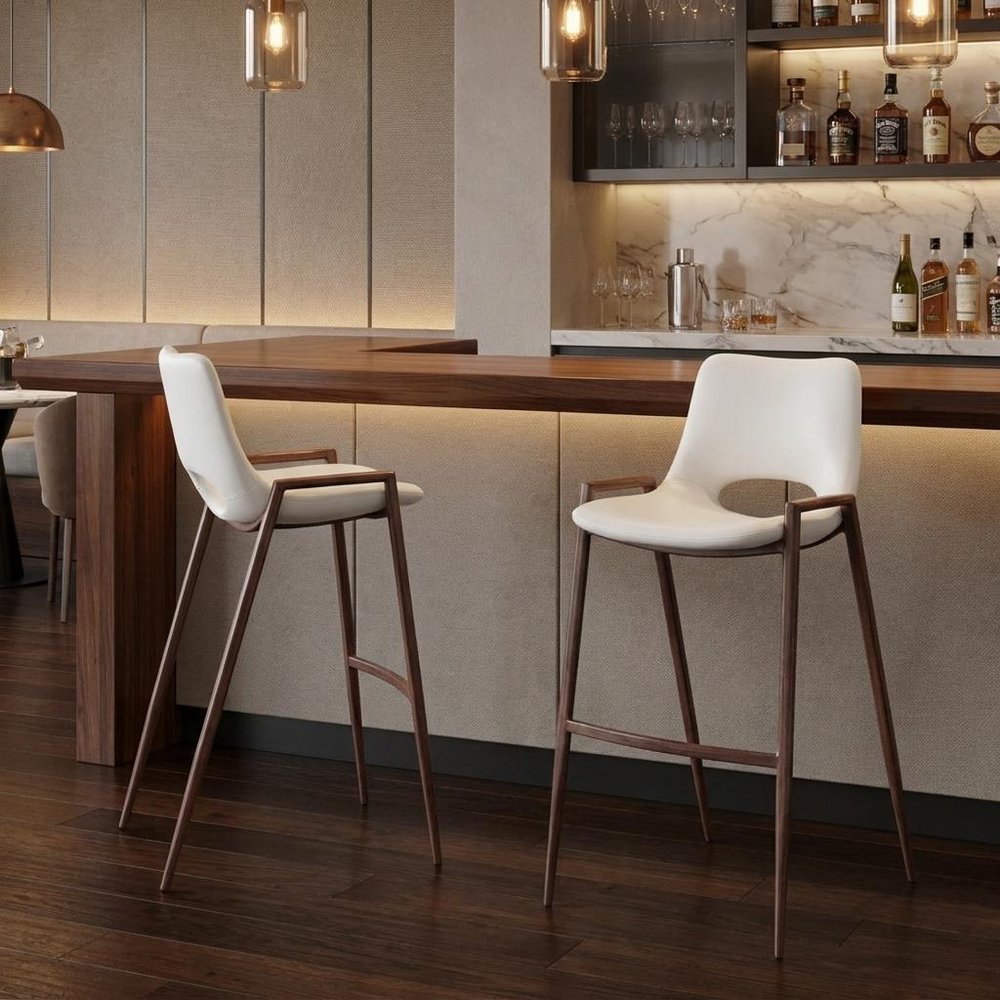 Set of Two 29" White And Brown Faux Leather And Steel Low Back Bar Height Bar Chairs — view 12
