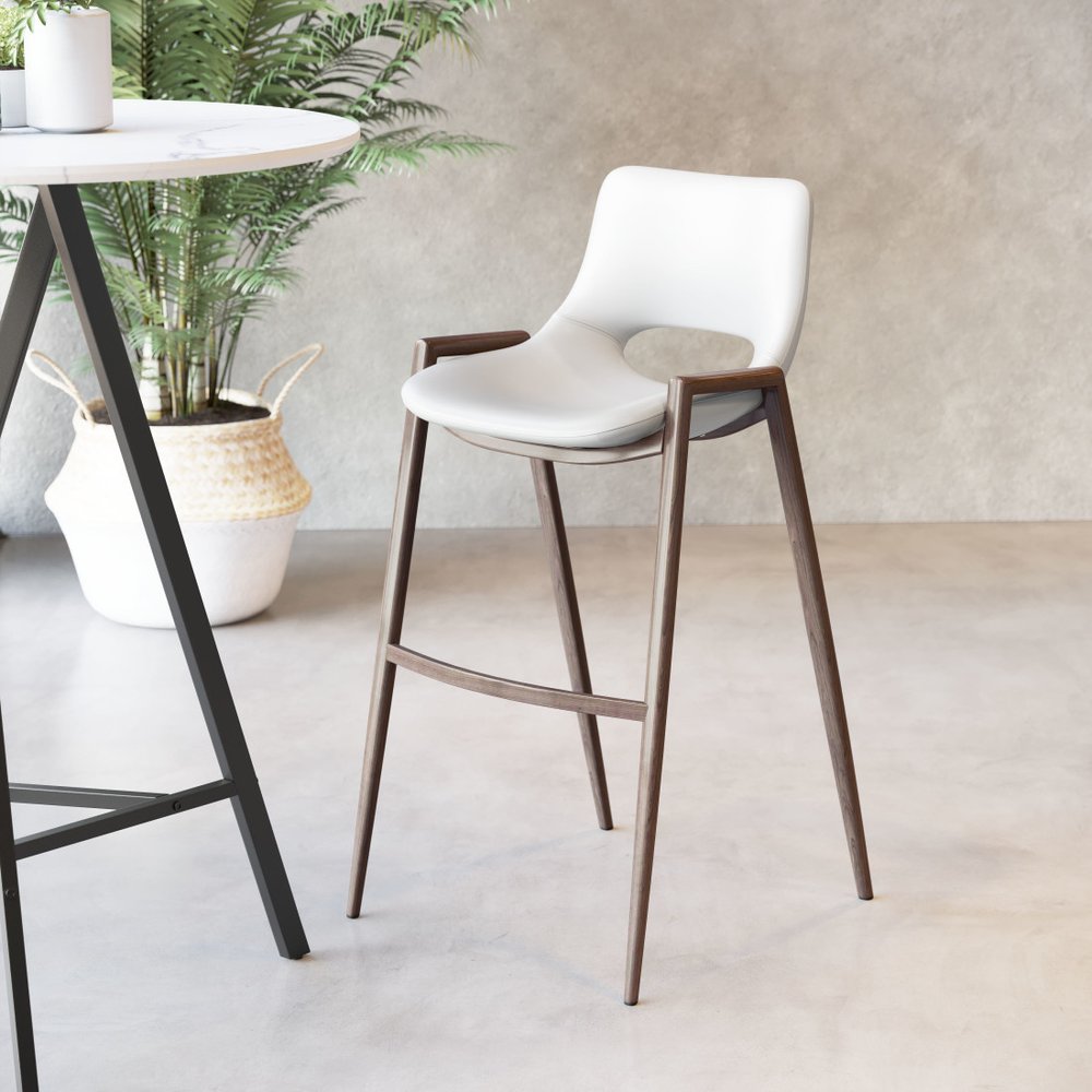 Set of Two 29" White And Brown Faux Leather And Steel Low Back Bar Height Bar Chairs HomeRoots