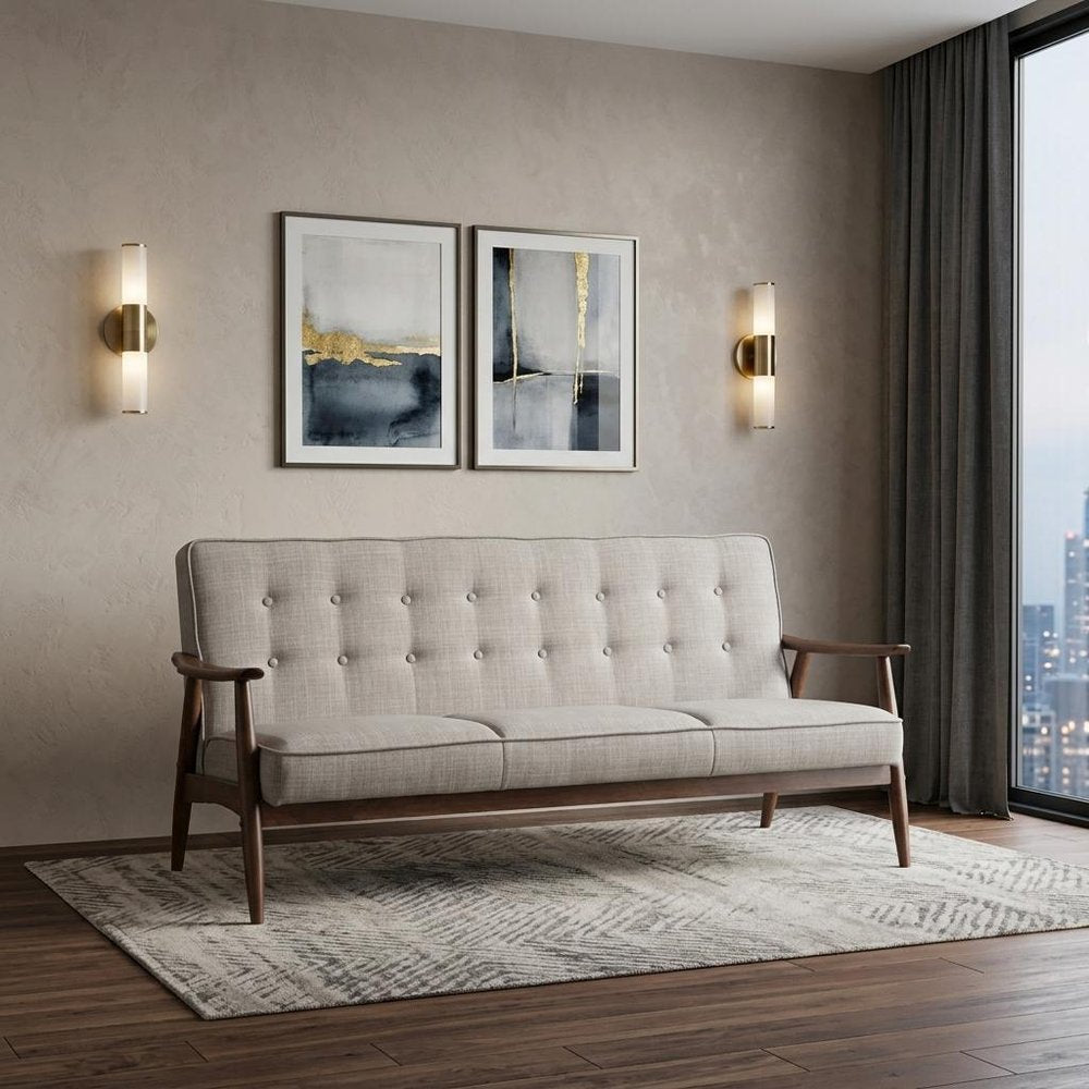69" Beige Polyester Sofa With Brown Legs HomeRoots