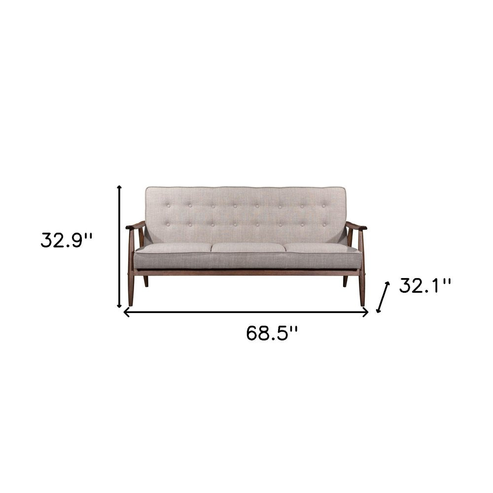 69" Beige Polyester Sofa With Brown Legs HomeRoots