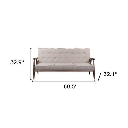 69" Beige Polyester Sofa With Brown Legs HomeRoots