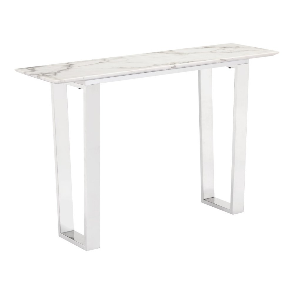 47" White and Silver Faux Marble and Stainless Steel Sled Console Table HomeRoots