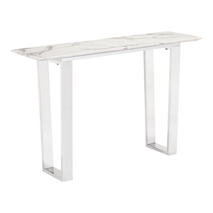 47" White and Silver Faux Marble and Stainless Steel Sled Console Table HomeRoots