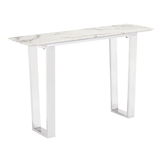 47" White and Silver Faux Marble and Stainless Steel Sled Console Table HomeRoots