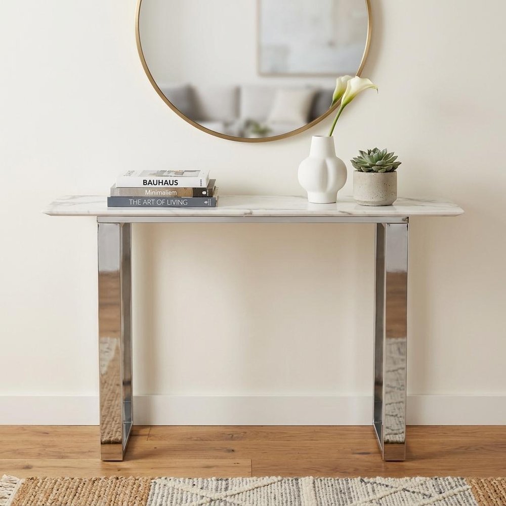 47" White and Silver Faux Marble and Stainless Steel Sled Console Table HomeRoots