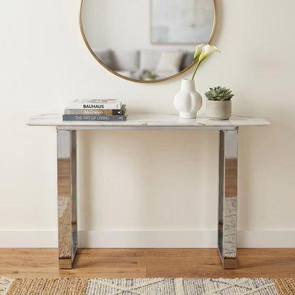 47" White and Silver Faux Marble and Stainless Steel Sled Console Table HomeRoots