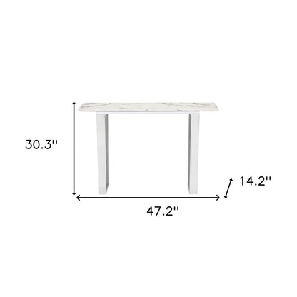 47" White and Silver Faux Marble and Stainless Steel Sled Console Table HomeRoots