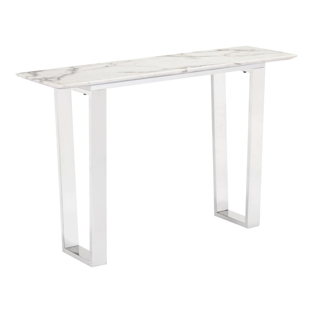 47" White and Silver Faux Marble and Stainless Steel Sled Console Table HomeRoots