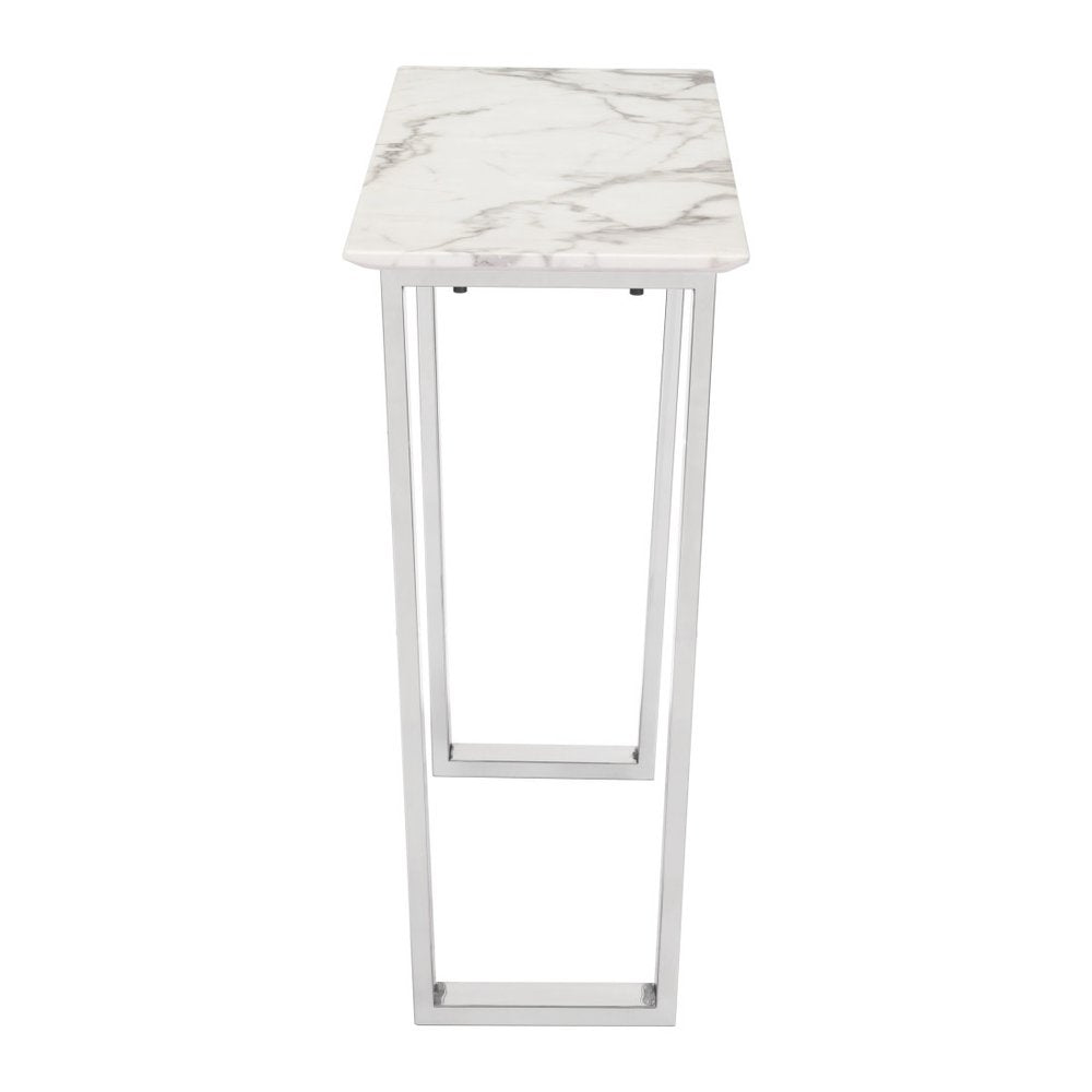 47" White and Silver Faux Marble and Stainless Steel Sled Console Table HomeRoots