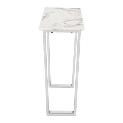 47" White and Silver Faux Marble and Stainless Steel Sled Console Table HomeRoots