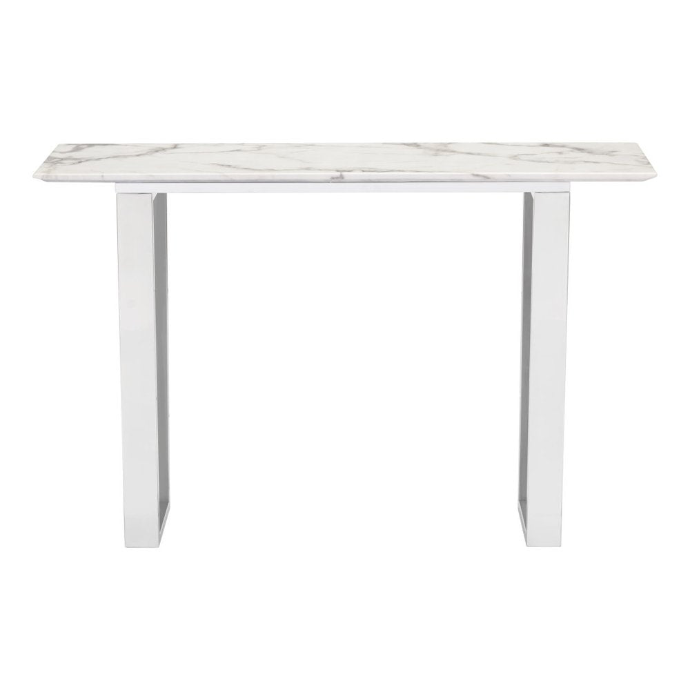 47" White and Silver Faux Marble and Stainless Steel Sled Console Table HomeRoots