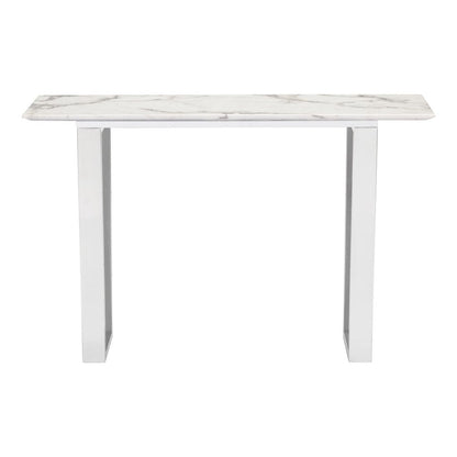 47" White and Silver Faux Marble and Stainless Steel Sled Console Table HomeRoots