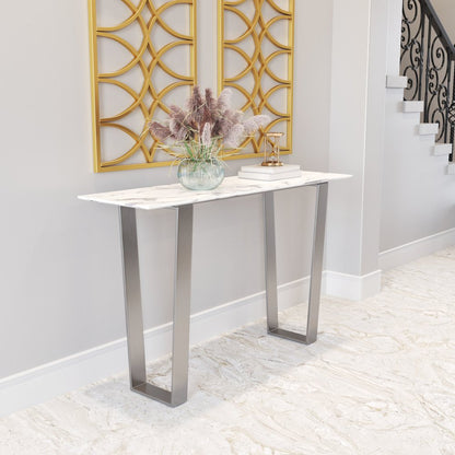 47" White and Silver Faux Marble and Stainless Steel Sled Console Table HomeRoots