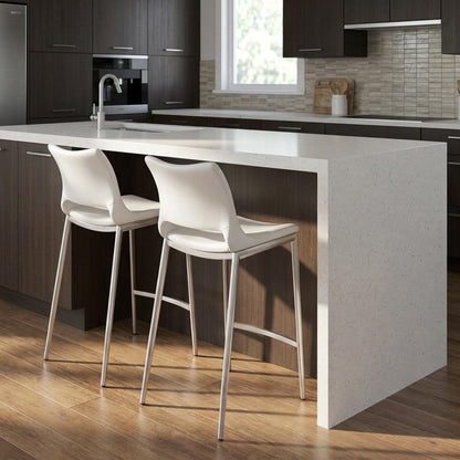 Set of Two 25" White And Silver Faux Leather And Steel Low Back Counter Height Bar Chairs HomeRoots