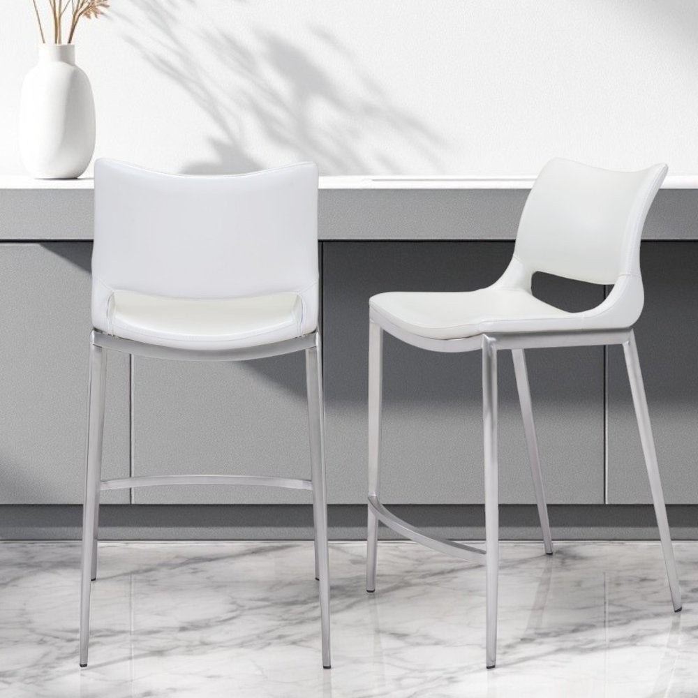 Set of Two 25" White And Silver Steel Low Back Counter Height Bar Chairs HomeRoots