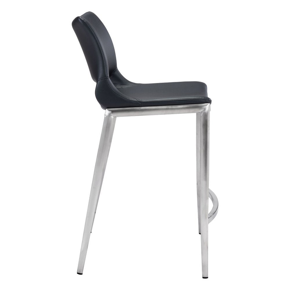 Set of Two 25" Black And Silver Faux Leather And Steel Low Back Counter Height Bar Chairs HomeRoots