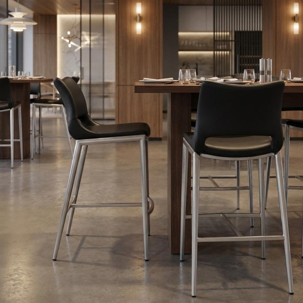 Set of Two 25" Black And Silver Faux Leather And Steel Low Back Counter Height Bar Chairs — view 13