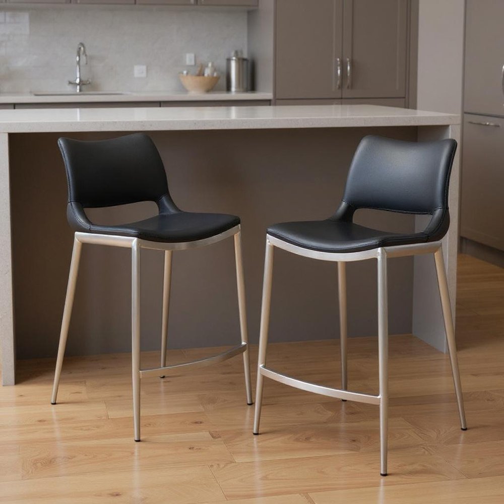 Set of Two 25" Black And Silver Faux Leather And Steel Low Back Counter Height Bar Chairs HomeRoots