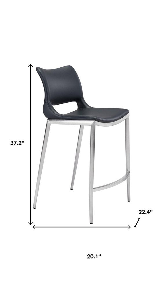 Set of Two 25" Black And Silver Faux Leather And Steel Low Back Counter Height Bar Chairs HomeRoots