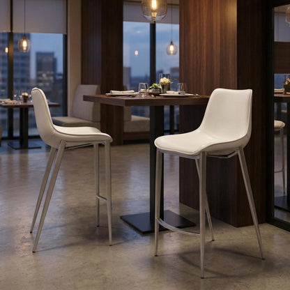 Set of Two 26" White And Silver Faux Leather And Steel Low Back Counter Height Bar Chairs HomeRoots