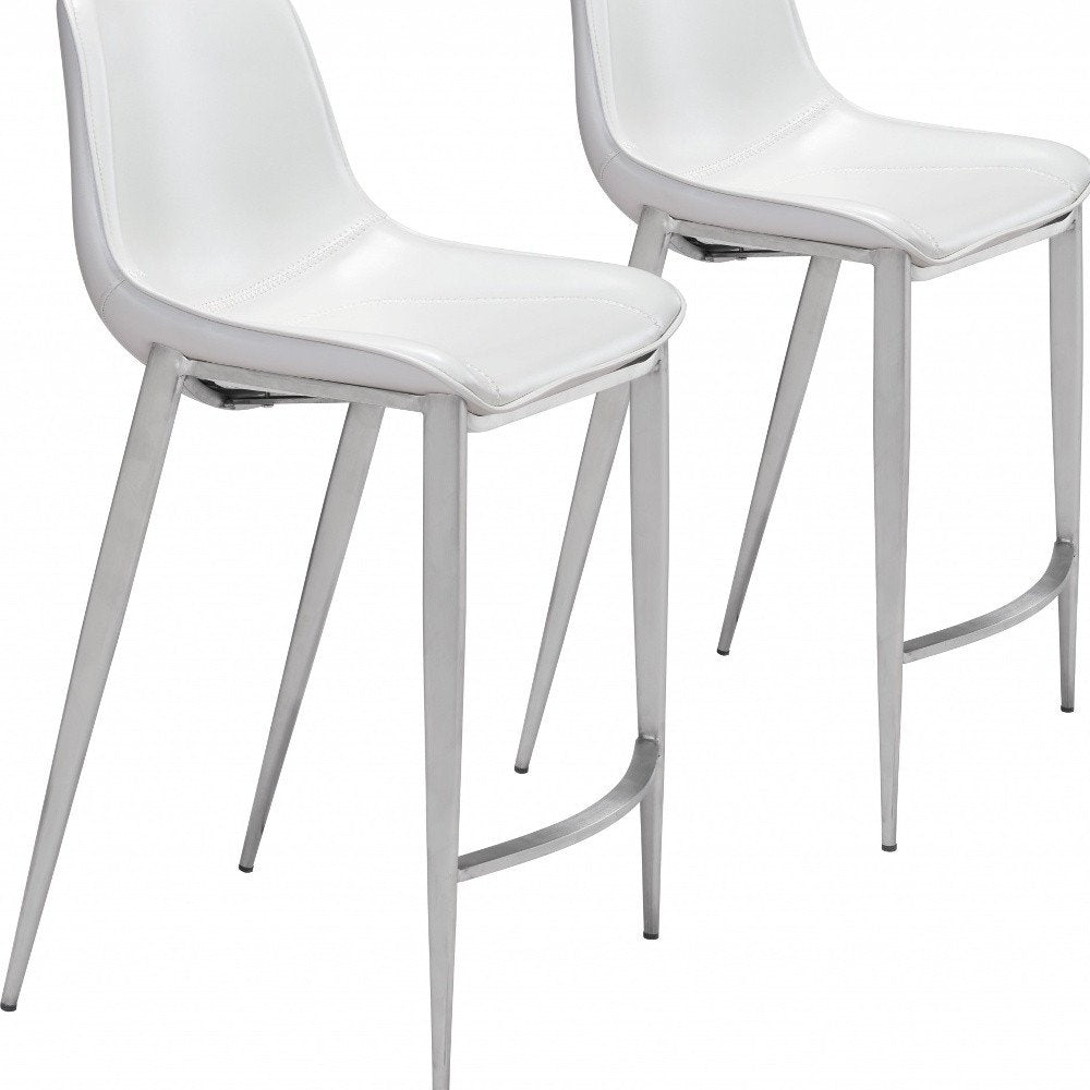 Set of Two 26" White And Silver Faux Leather And Steel Low Back Counter Height Bar Chairs HomeRoots