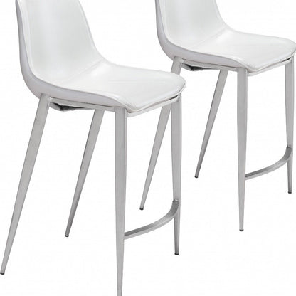 Set of Two 26" White And Silver Faux Leather And Steel Low Back Counter Height Bar Chairs HomeRoots