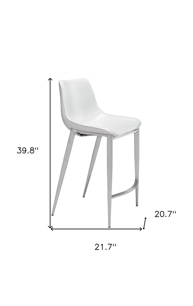 Set of Two 26" White And Silver Faux Leather And Steel Low Back Counter Height Bar Chairs HomeRoots