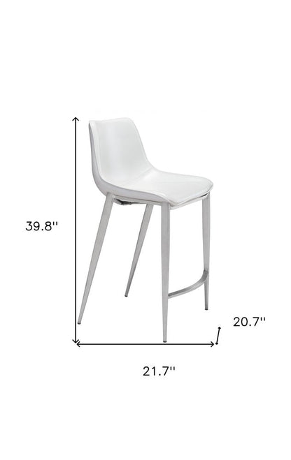 Set of Two 26" White And Silver Faux Leather And Steel Low Back Counter Height Bar Chairs HomeRoots