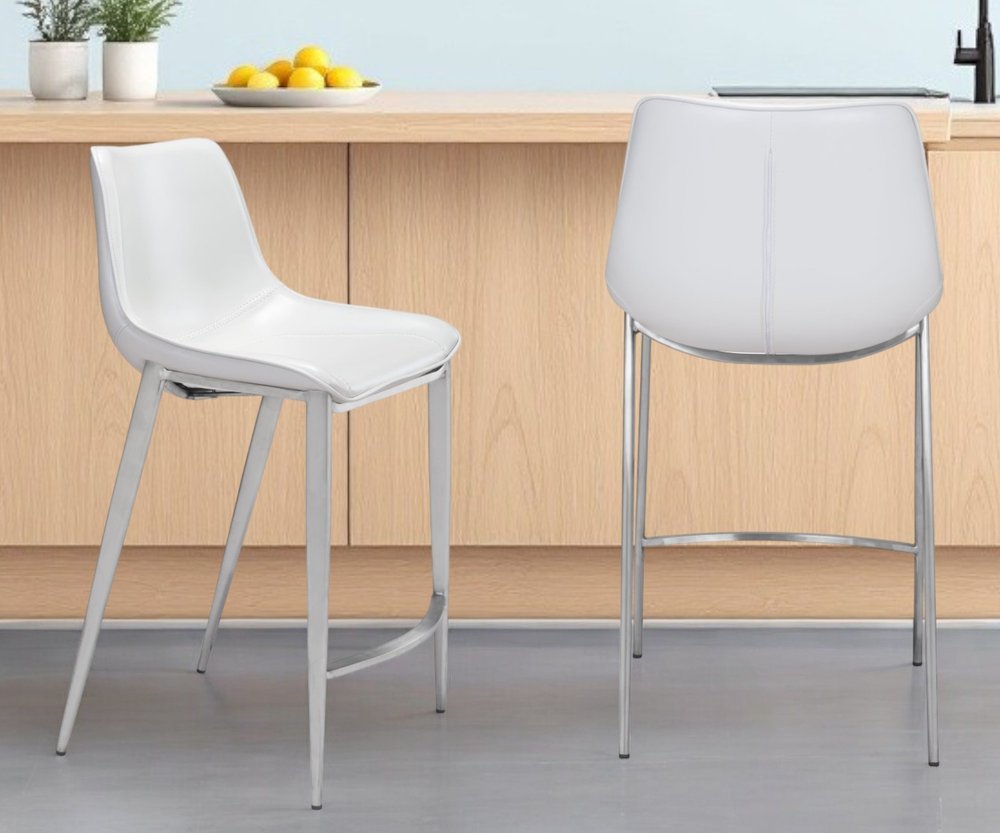 Set of Two 26" White And Silver Steel Low Back Counter Height Bar Chairs HomeRoots