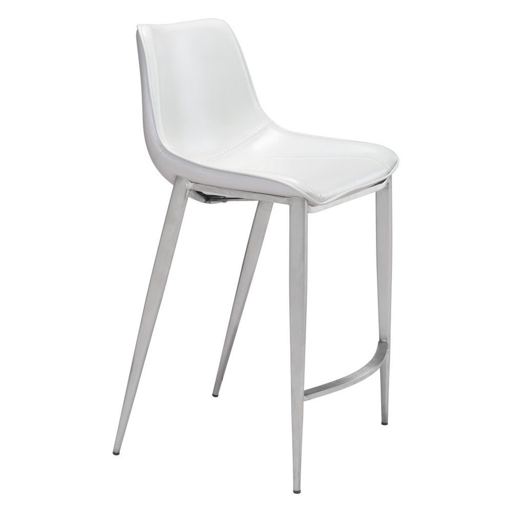 Set of Two 26" White And Silver Faux Leather And Steel Low Back Counter Height Bar Chairs HomeRoots