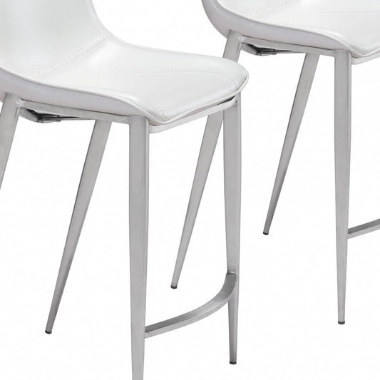 Set of Two 26" White And Silver Faux Leather And Steel Low Back Counter Height Bar Chairs HomeRoots