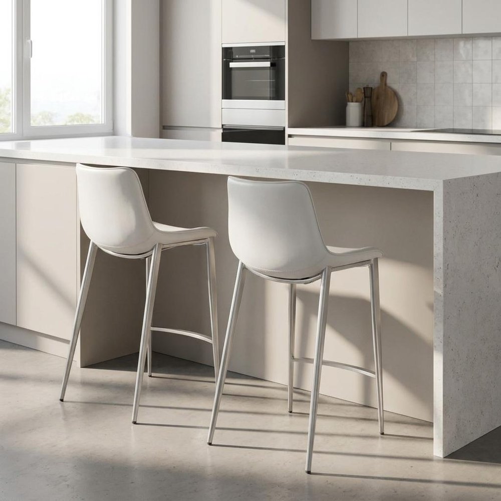 Set of Two 26" White And Silver Faux Leather And Steel Low Back Counter Height Bar Chairs HomeRoots