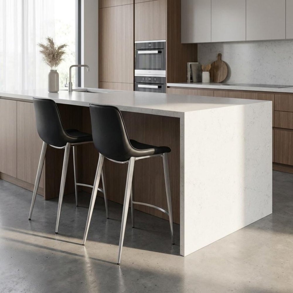 Set of Two 26" Black And Silver Faux Leather And Steel Low Back Counter Height Bar Chairs HomeRoots