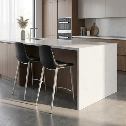 Set of Two 26" Black And Silver Faux Leather And Steel Low Back Counter Height Bar Chairs HomeRoots