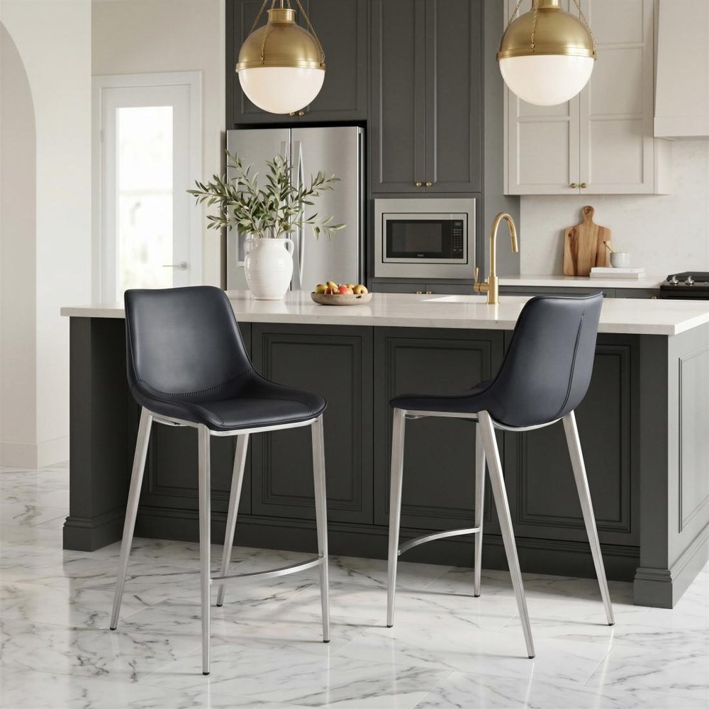 Set of Two 26" Black And Silver Faux Leather And Steel Low Back Counter Height Bar Chairs HomeRoots